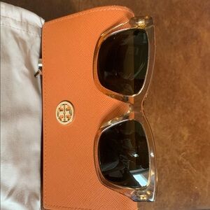 Tory Burch Clear Frame Sunglasses with Dark Lenses and Orange Case